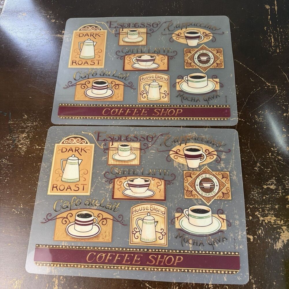 Coffee Shop Placemats Set of 2 Laminated Espresso Cappuccino Latte Kitchen Decor